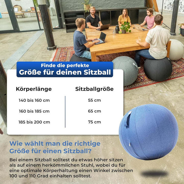 Sitzball Büro Ergonomisch 65 cm, Ergonomische Sitzmöbel für Büro und Heimbüro, Langlebiger Stoff, Gy