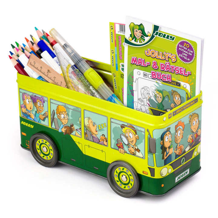 JOLLY Schulbus Schulset, 38-teilig, Buntstifte, Fasermaler, Lineal, Geodreieck, Wasserpinsel, Malbuc