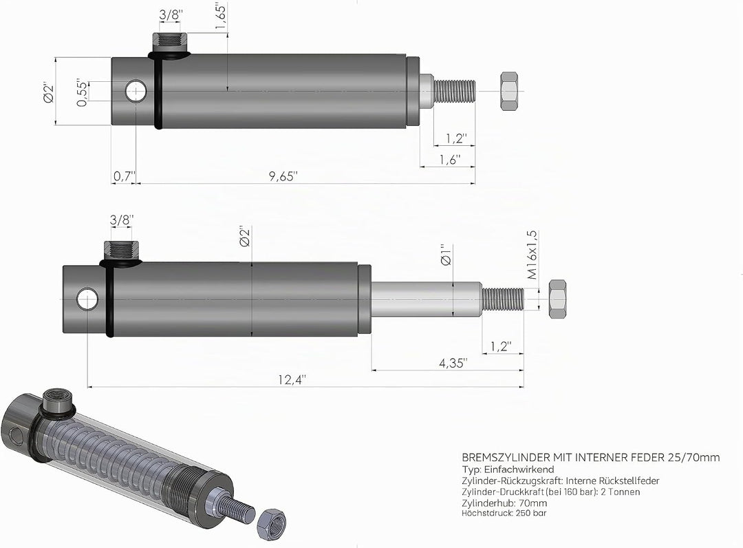 Bremszylinder mit Rückholfeder innen einfachwirkend, Hydraulikzylinder Anhänger