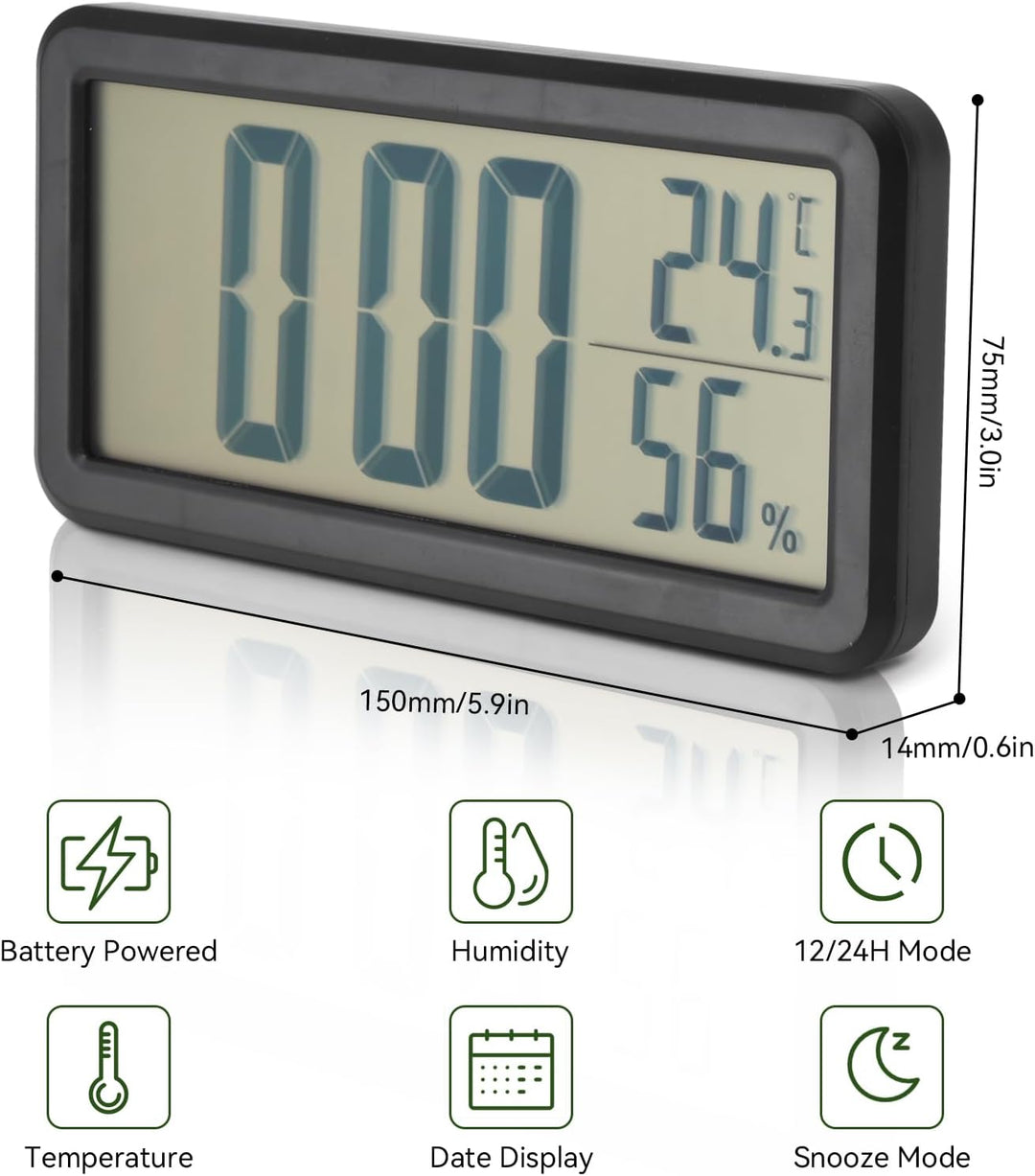 plplaaoo grosse Display-Uhr, Digitaler Wecker, schwarz, Temperatur, Luftfeuchtigkeit, tragbarer Reis