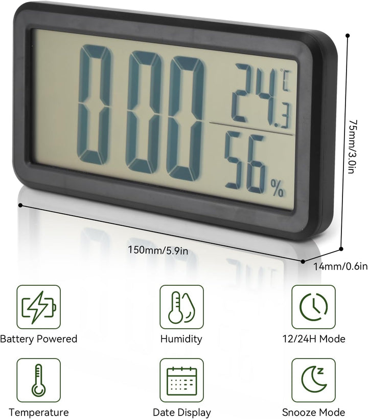 plplaaoo grosse Display-Uhr, Digitaler Wecker, schwarz, Temperatur, Luftfeuchtigkeit, tragbarer Reis