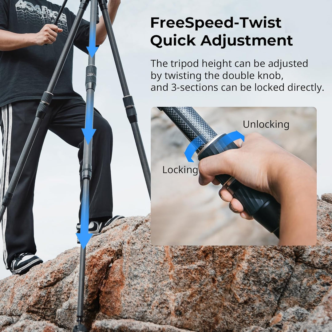 SMALLRIG FT-S303 FreeSpeed Stativ aus Kohlefaser, 59'' Reise-Videostativ mit Höhenverstellung durc