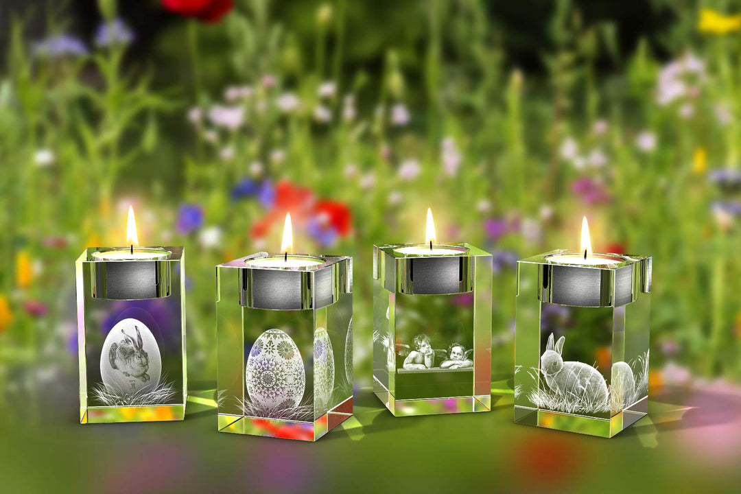 GLASFOTO.COM, Ostern 4er Teelichthalterset, 50 x 80 x 50 mm, Kristallglas 3D Innengravur in Premiumq