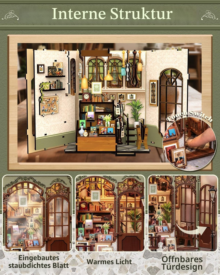 CUTEBEE Book Nook Kit - DIY Holz-Miniaturhaus (Buchladen-Szene) mit LED-Beleuchtung, 3D Puzzle für B