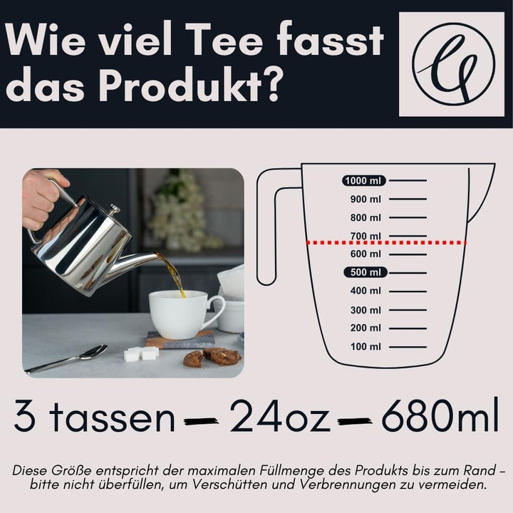 Café Olé DW-024 Derwent Teekanne, Edelstahl, 650 ml, 2–3 Tassen 24oz (650ml), 24oz (650ml)