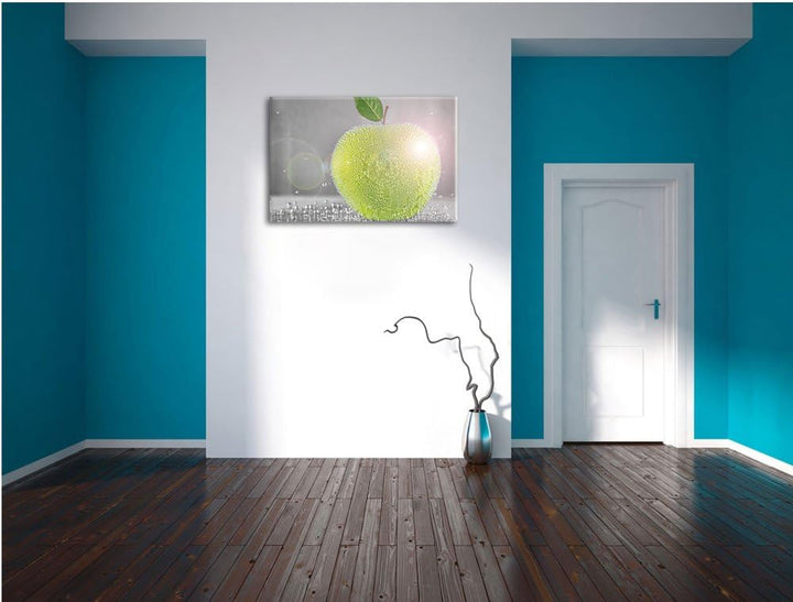 Grüner saftiger Apfel mit Wasserperlen schwarz/weiss Format: 100x70 auf Leinwand, XXL riesige Bilder