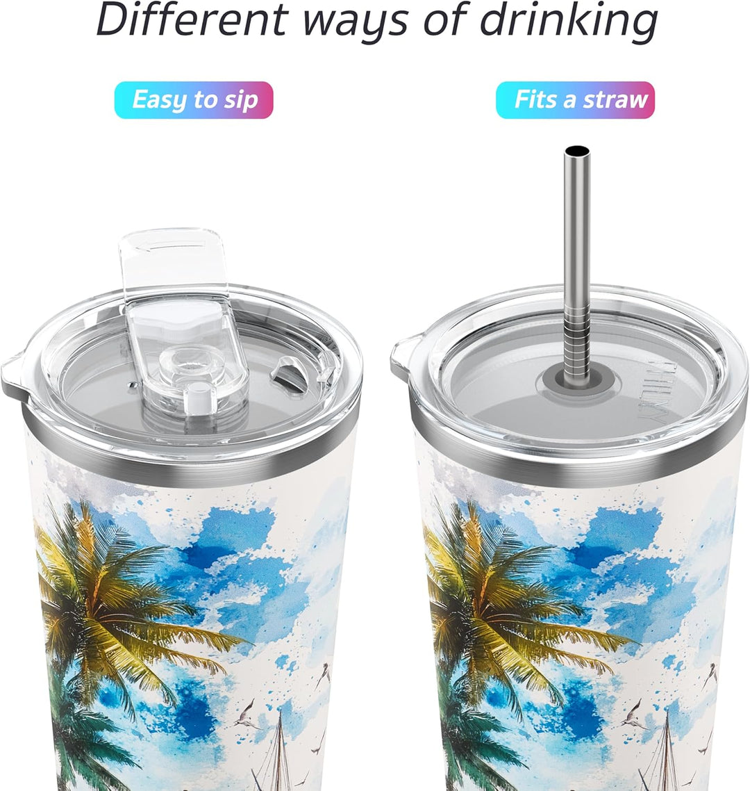 Vakuum-Isolierter Edelstahlbecher - THILY Reisebecher 780 ml Kaffeetasse mit 2 Deckeln und Strohhalm