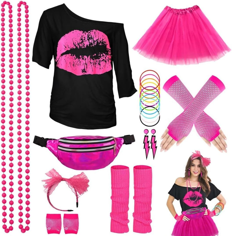 80er Jahre Outfit Damen Set, T-Shirt, Tutu, Gürteltasche, Stirnband, Ohrring, Halskette, Netzhandsch