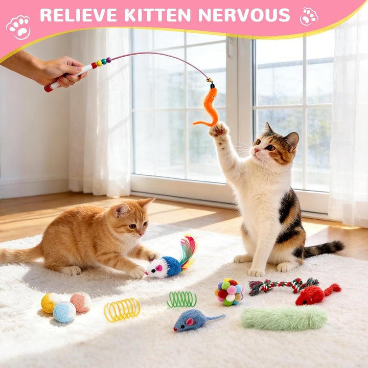 DoubleCare 41 Stück Interaktives Katzenspielzeug Set, Katzen Spielzeug mit Faltbarem Haustierbett au