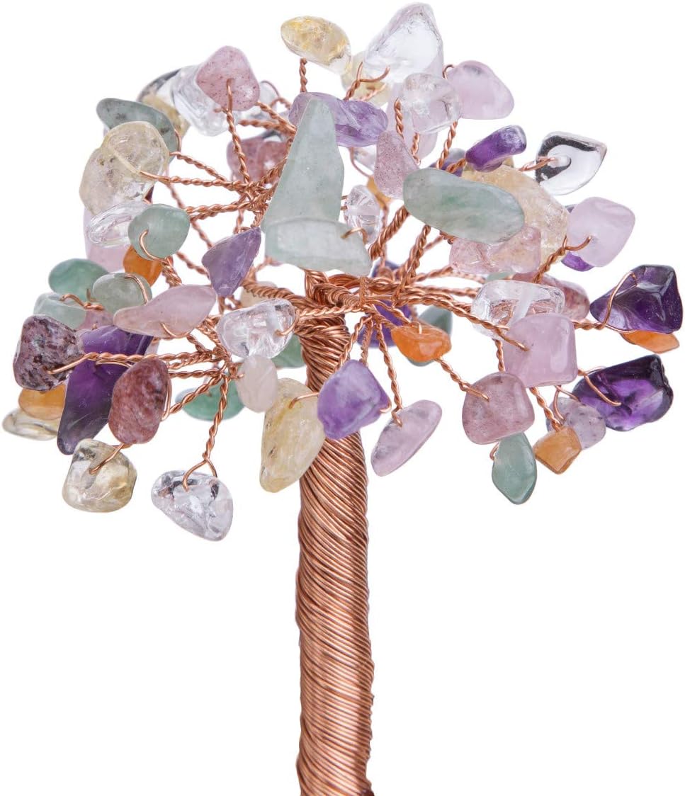 mookaitedecor 7 Chakra Natural Crystal Money Tree mit Druzy Geode Quarzsockel, Kupferdraht gewickelt