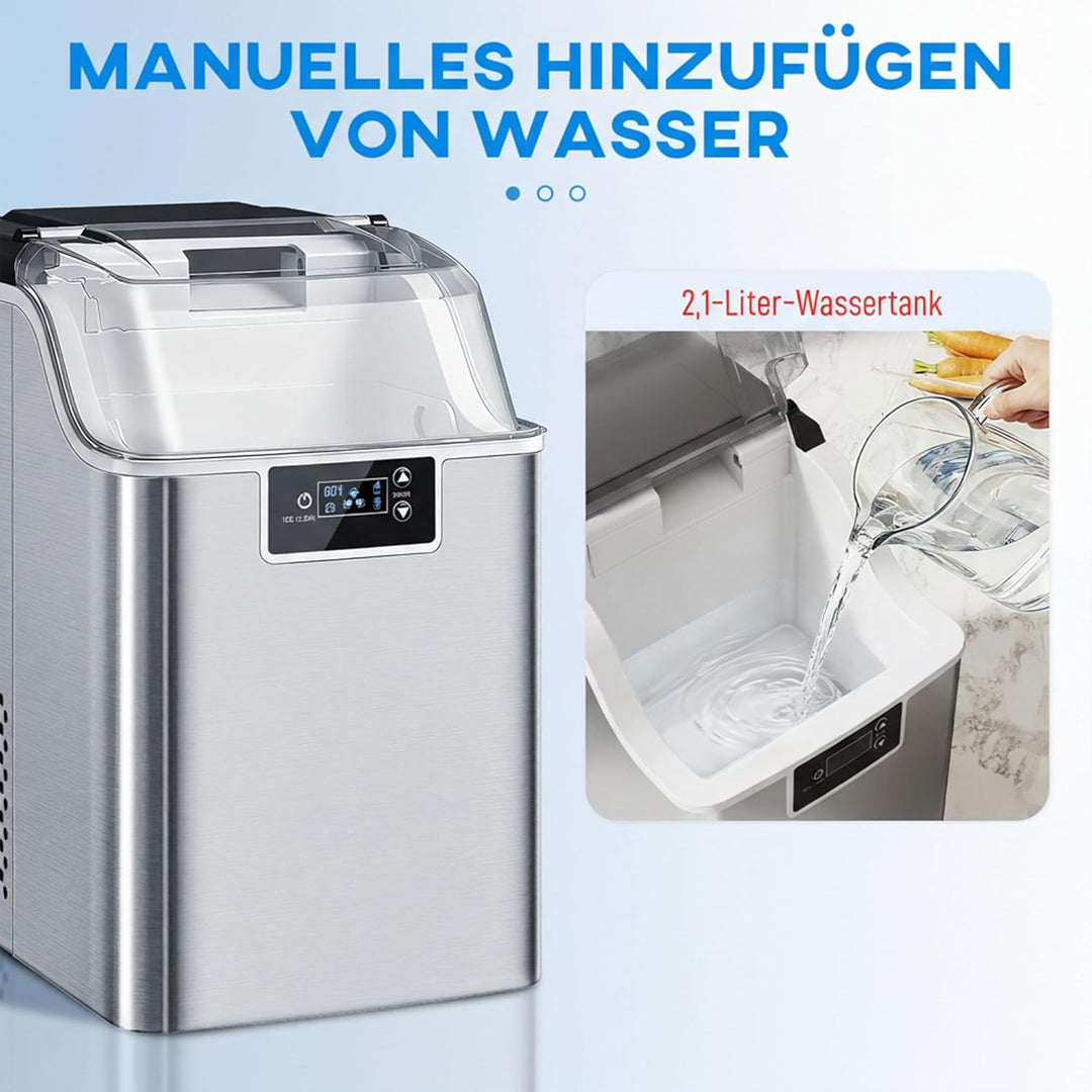 HOMCOM Eiswürfelmaschine Edelstahl, Ice Maker mit 24 Eiswürfeln pro Durchgang, 20kg/24h, 2,1L Wasser