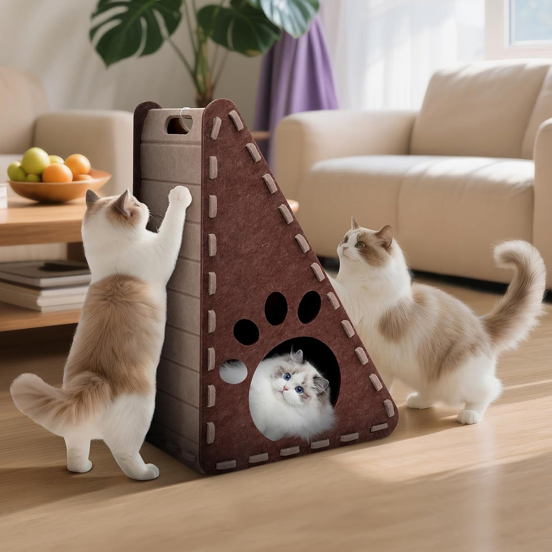 3-in-1Kratzbrett Katze für Katzen Kratzen Spielen Ausruhen, Filz Dreieck Katzenhaus, Leicht zu Reini