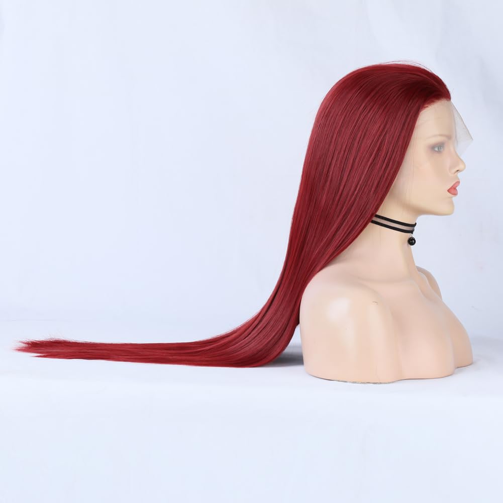 Rote Lace Front Perücken Lange Gerade Synthetische 150% Dichte mit Hitzebeständigem Haar 13x4 Lace B