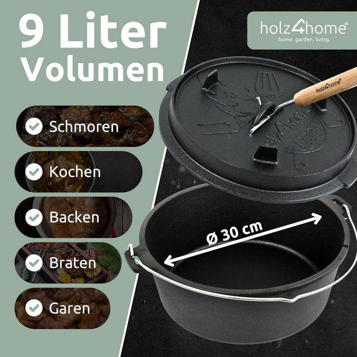 holz4home® Dutch Oven Set [9L, Mit Füssen] I Eingebrannter Feuertopf Gusseisen I Schmortopf mit Deck