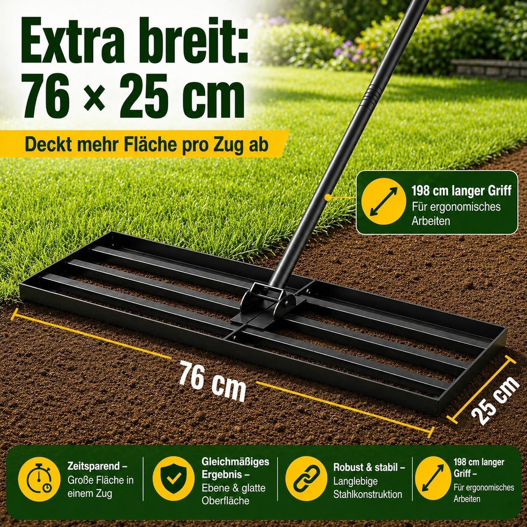 Rasen-Nivellierungsrechen 198cm 43x25cm, Verstellbarer Rasenplanier-Rechen mit 119–198 cm Griff, 180