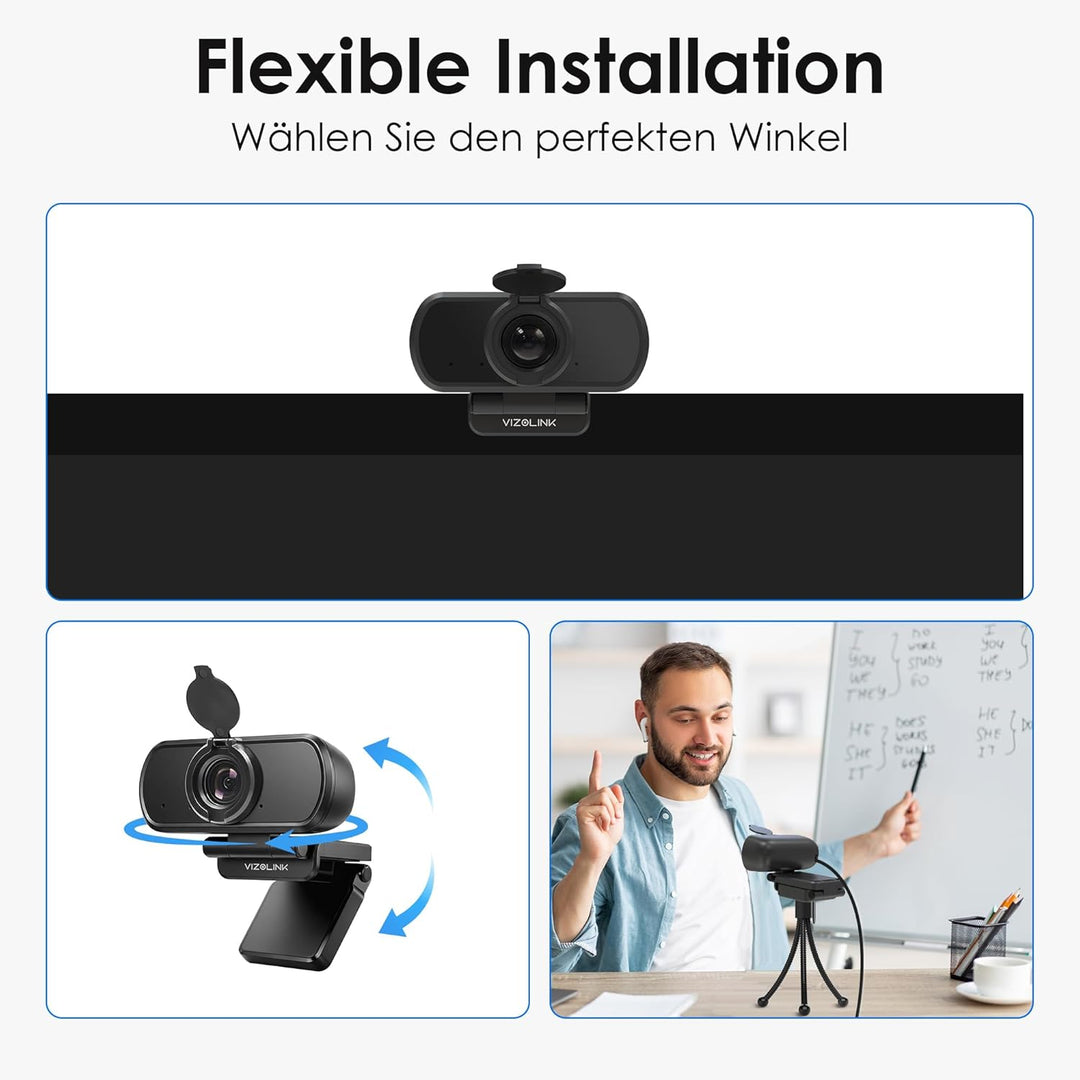 N51A Webcam Full HD 2.5K/30PFS PC Kamera mit Dual Mikrofone, 110°Blickfeld, Belichtungskorrektur, Fe