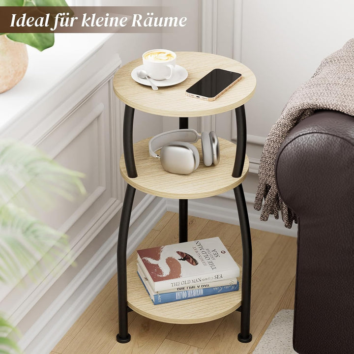 Beistelltisch rund, Kleiner Runder Tisch 3 Ebenen, Couchtisch klein mit Aufbewahrung, Nachttisch, Ka