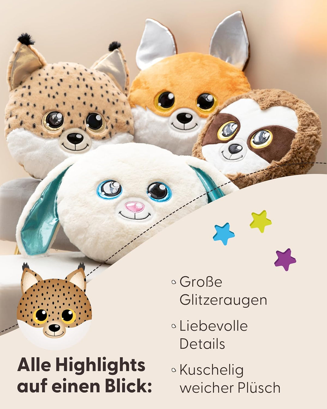 NICI Kuscheltier Kissen GLUBSCHIS Luchs Lenzo 32 x 32 cm - Flauschig-weiches Kuschelkissen für Babys