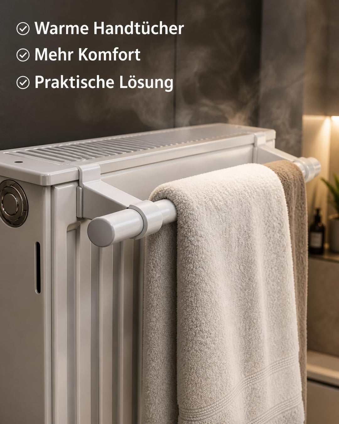 Handtuchhalter 600mm weiss – für Kermi & Buderus Flachheizkörper – Metallbügel + Kunststoffhalter –