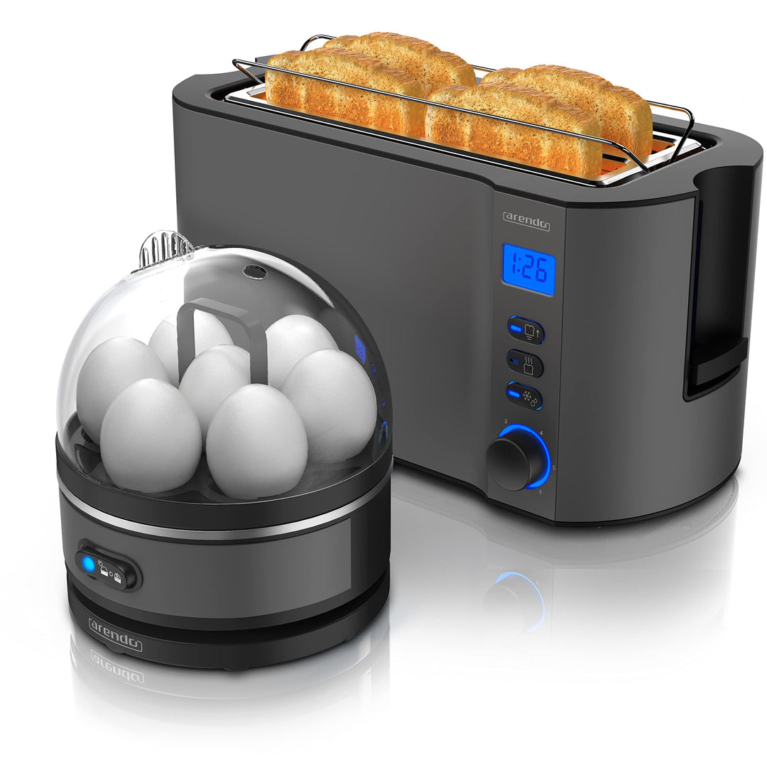 Arendo - SET Toaster MANHA mit Eierkocher SEVENCOOK Edelstahl Grau, Toaster 4 Scheiben, LED-Display,