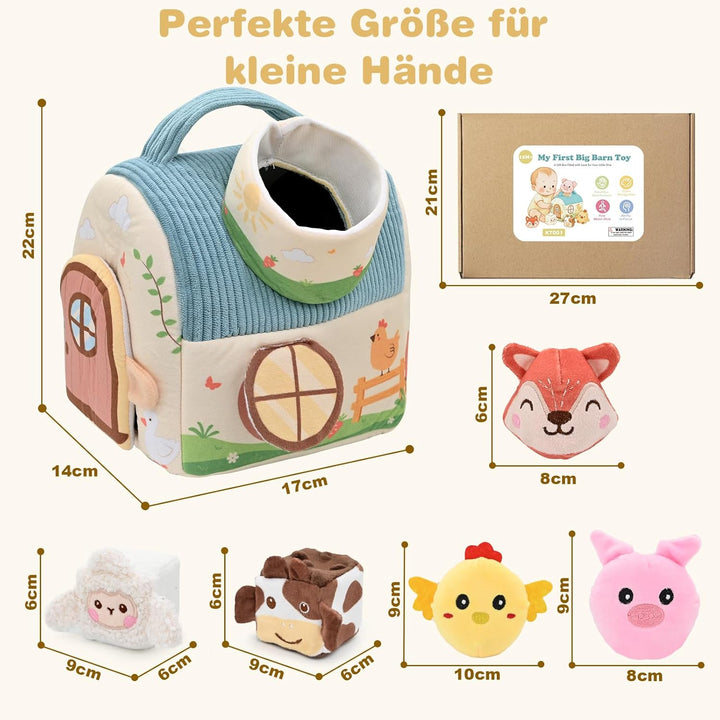 Montessori Baby Spielzeug ab 6 -12 Monate, Weiches Bauernhof-Set mit 5 Tieren, Rassel & Spiegel, Sen