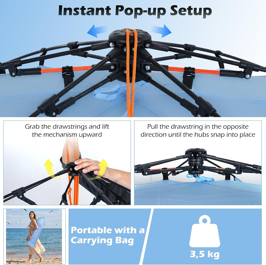 FANTASK Quick Up Strandmuschel, 3-4 Personen Strandzelt mit Reissverschlusstür &amp; 4 Mesh-Fenstern, V-