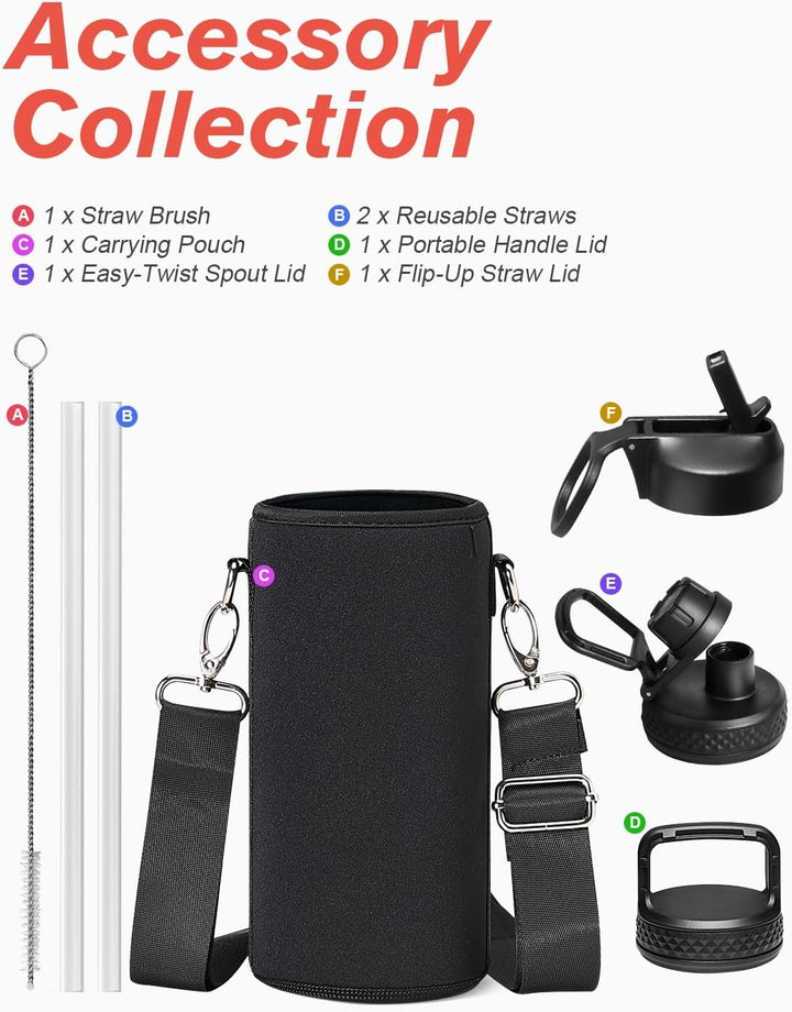 Coolflask Wasserflasche 946 ml Isoliert mit Strohhalm, Edelstahl Metall 3 Deckel Wasserflasche Breit