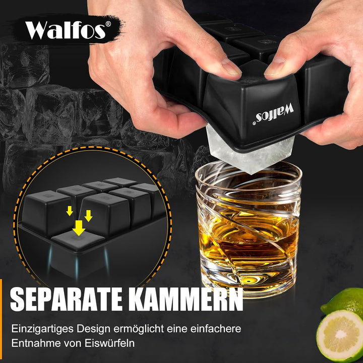 Walfos grosse Eiswürfelform silikon, 2 Pack 8-fach Silikon Eiswürfelbehälter mit Deckel,BPA-frei und