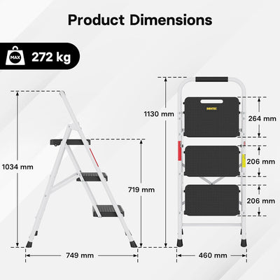 BONTEC Trittleiter 3 Stufen Klappbar, 272kg/600lbs Kapazität mit Breiten Anti-Rutsch-Pedalen, Faltba