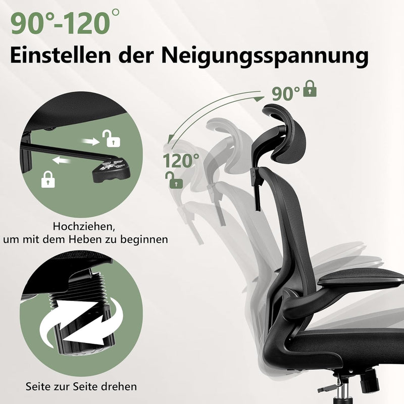 FelixKing Ergonomischer Bürostuhl, Computerstuhl, verstellbare Lendenwirbelstütze, 3D-Kopfstütze und