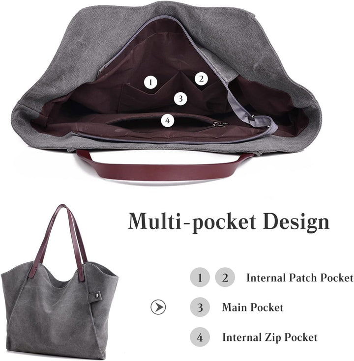 PORRASSO Damen Schultertasche Grosse Handtasche Canvas Hobo Henkeltasche Fraue Shopper Tote für Eink