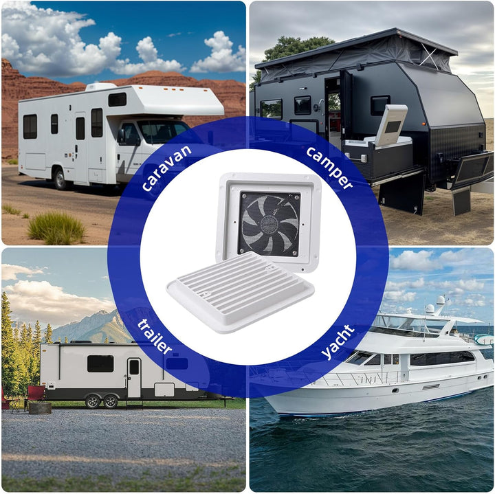 Riloer Weiss RV Caravan Vent Side Exhaust Vent 12 V RV Cooling Dust Fan, RV One Way Dust Vent Fan