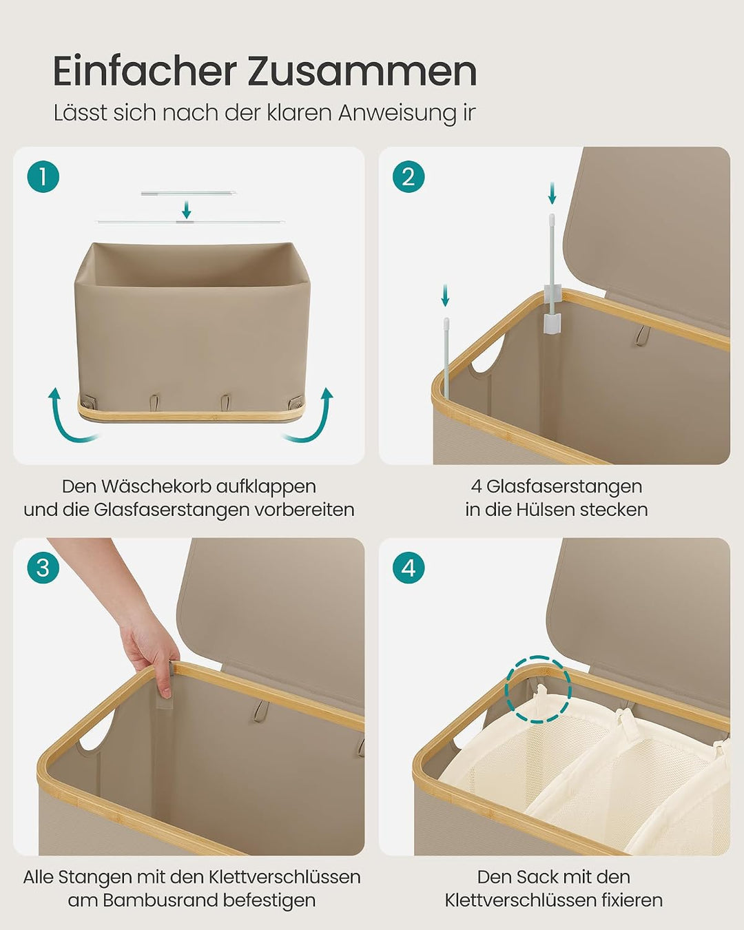 SONGMICS Wäschekorb mit Deckel, Wäschesammler mit 3 Fächern, 150 L, herausnehmbarer Wäschesack, Oxfo