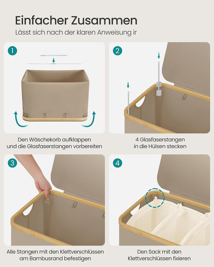 SONGMICS Wäschekorb mit Deckel, Wäschesammler mit 3 Fächern, 150 L, herausnehmbarer Wäschesack, Oxfo