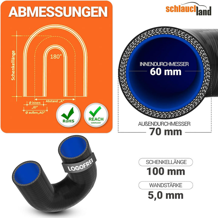 Silikon-Bogen 180° Grad ID-Ø 60mm schwarz 200°C | AUSWAHL | Silikon-Schlauch Hochtemperatur Ladeluft