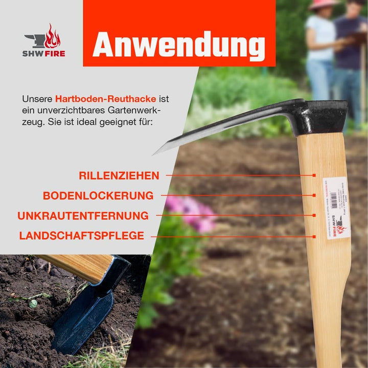 Hartboden-Reuthacke mit scharfer Hacke - 135 cm Eschenholzstiel, Wurzelentferner & Unkrauthacke für