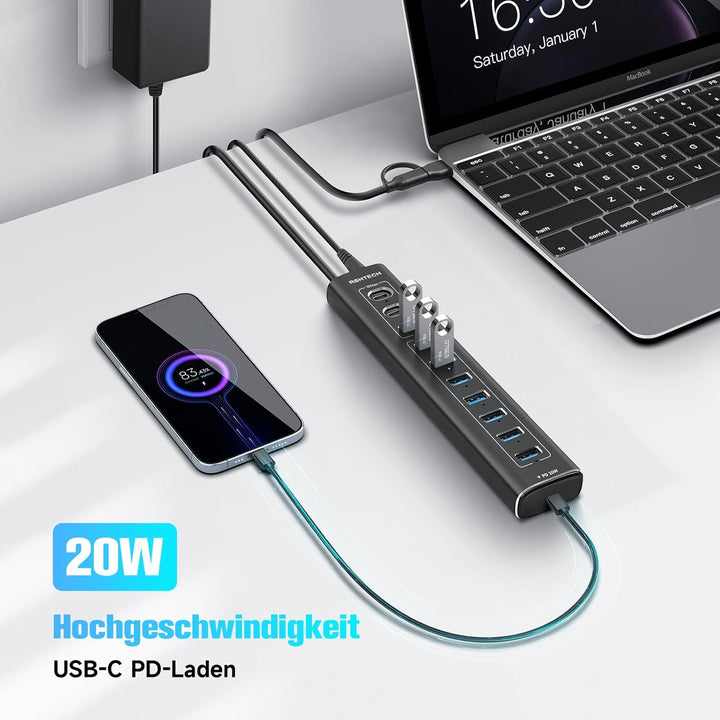 USB C 3.2 Hub Aktiv mit Netzteil (60W 12/5A), RSHTECH 11-Port USB C 3.1 Gen2 Hub mit 20W PD, 3 * 10G