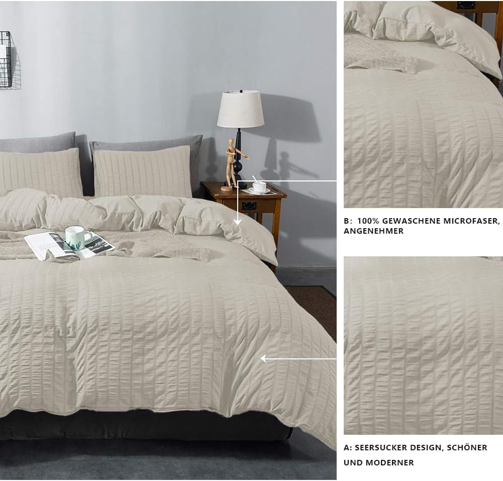 Boqingzhu Seersucker Bettwäsche Beige 200x220cm Sommer Atmungsaktiv Kühlende Wende Bettwäsche Set Be