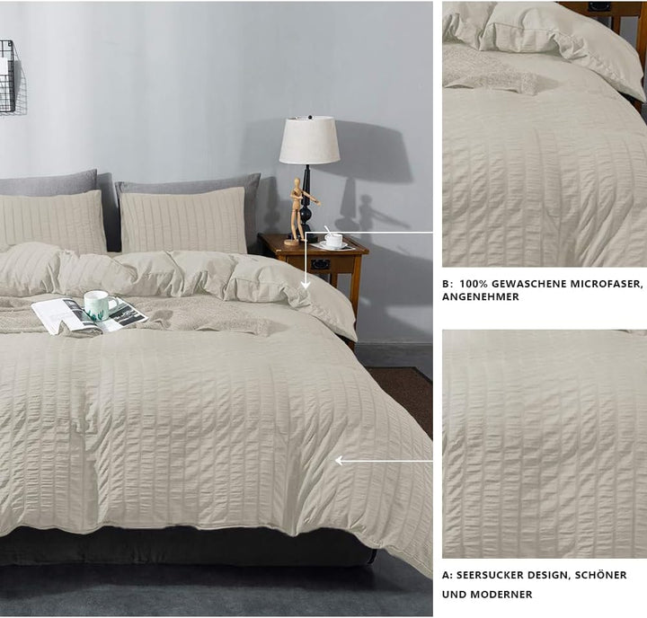 Boqingzhu Seersucker Bettwäsche Beige 200x220cm Sommer Atmungsaktiv Kühlende Wende Bettwäsche Set Be