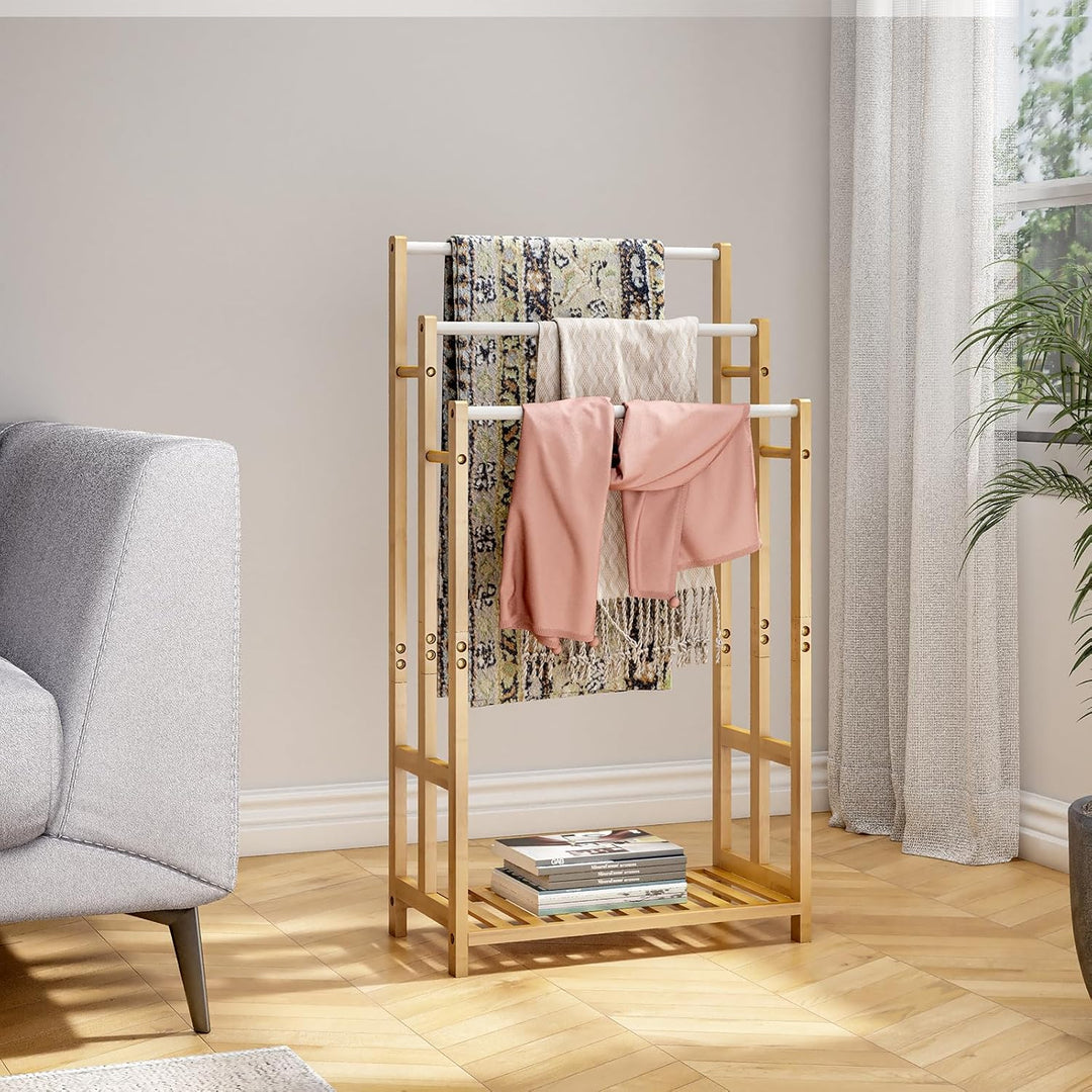 Dripex Freistehender Handtuchhalter Bambus Höhe 86 cm Handtuchständer Badetuchhalter mit 3 Edelstahl