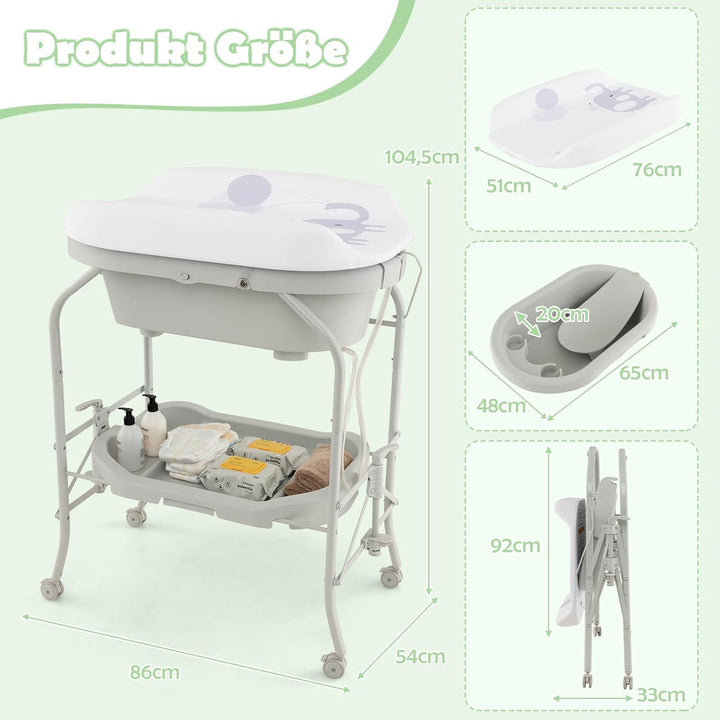 COSTWAY 4 in 1 Wickeltisch klappbar mit Badewanne, tragbare Wickelkommode mit Wickelauflage, mobile