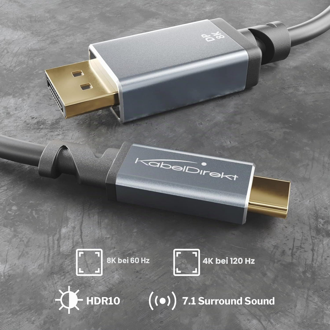 KabelDirekt – 8K USB C auf DisplayPort 1.4 Adapter Kabel mit bruchfesten Vollmetall-Steckern – 1,8 m
