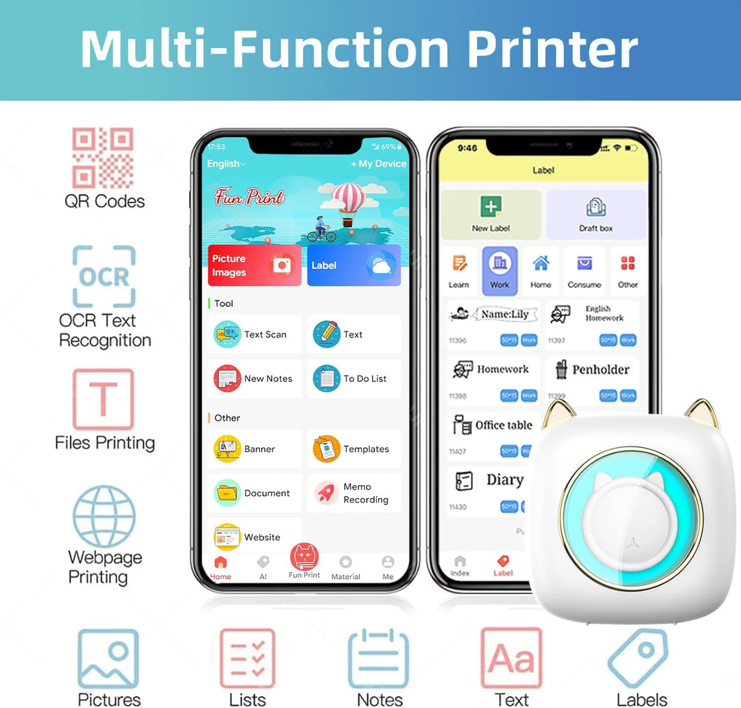 Mini Drucker, Tragbarer Mini Fotodrucker Thermodrucker Smartphone Taschendrucker, Wireless Bluetooth