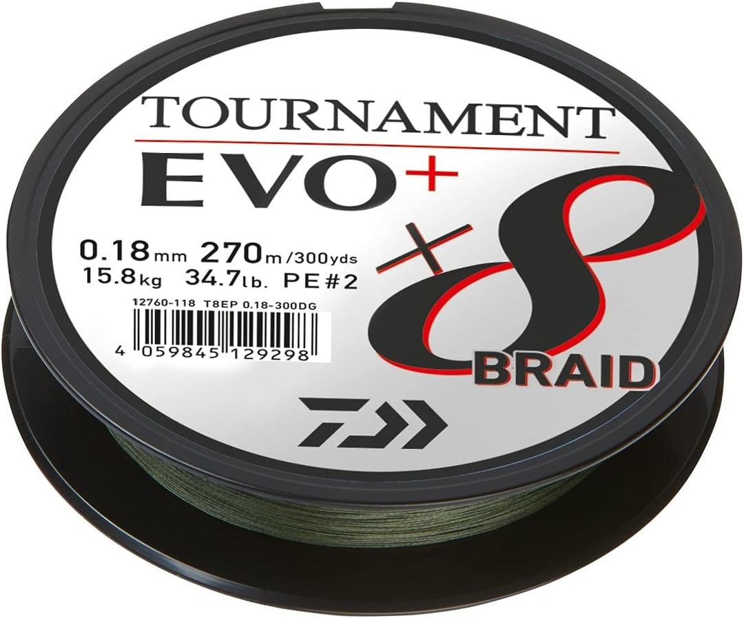 Daiwa Tournament x8 Braid EVO+, 900m, Dunkelgrün, Geflochtene Angelschnur 900m/0.18mm, 900m/0.18mm