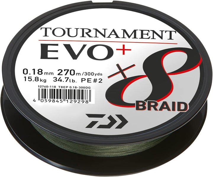 Daiwa Tournament x8 Braid EVO+, 900m, Dunkelgrün, Geflochtene Angelschnur 900m/0.18mm, 900m/0.18mm