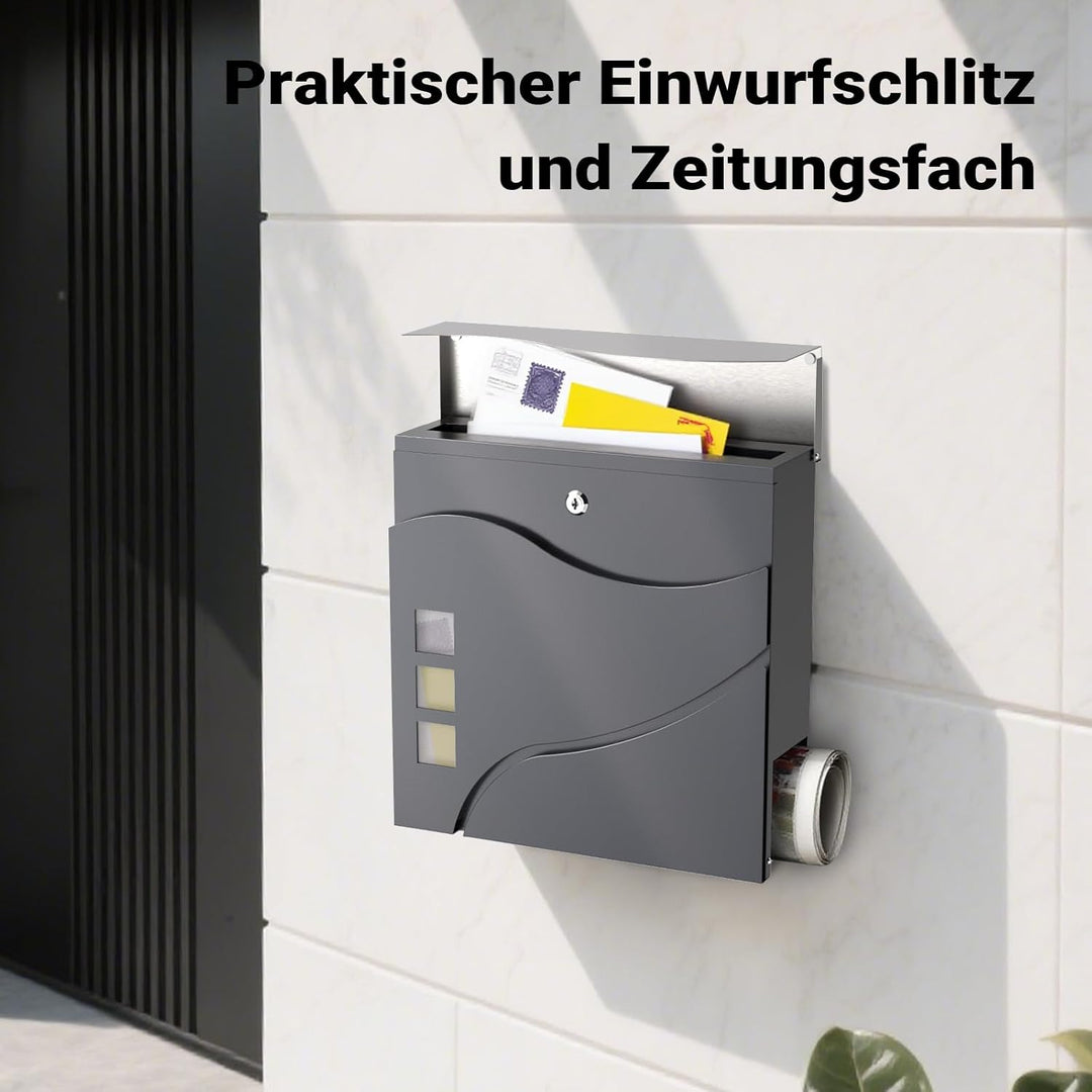 Wiltec Designer Briefkasten V28 Anthrazit und Edelstahl 370 x 102 x 370 mm, Wandbriefkasten mit Schl