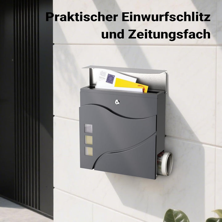 Wiltec Designer Briefkasten V28 Anthrazit und Edelstahl 370 x 102 x 370 mm, Wandbriefkasten mit Schl