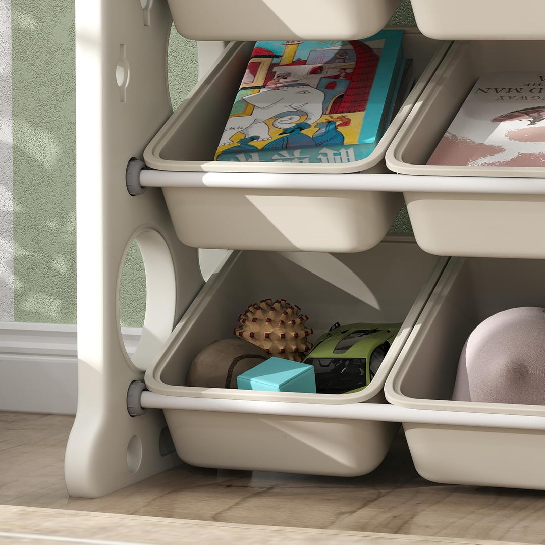 AIYAPLAY Kinderregal 4-Stufiges Spielzeugregal mit 9 Herausnehmbaren Boxen, Ablage, Haken, Kinderzim