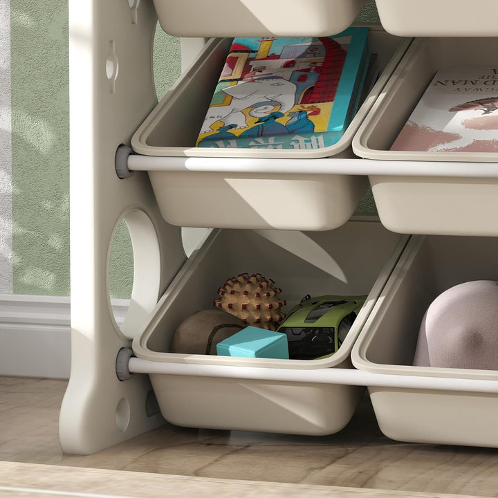 AIYAPLAY Kinderregal 4-Stufiges Spielzeugregal mit 9 Herausnehmbaren Boxen, Ablage, Haken, Kinderzim