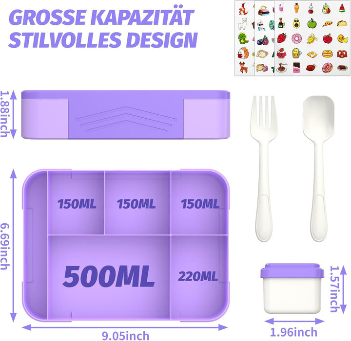 SWVIODMT Brotdose Kinder mit Fächern, 1300 ml Lunchbox für Kinder, Bento Box mit 5 Fächern Besteckse